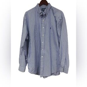 Ralph Lauren Mens Button Down Black Dress Shirt Blue and White Stripe Size XL